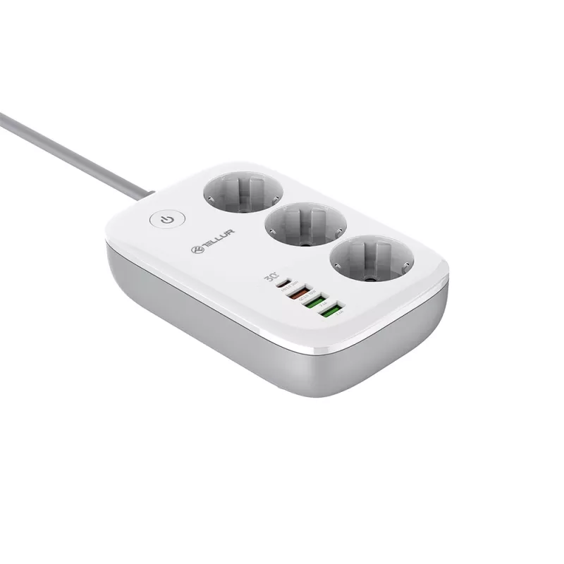 Listwa zasilająca Tellur TLL331521 Smart WiFi z 3 gniazdami, PD 30W, QC 18W