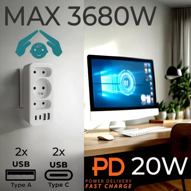 Rozgałęziacz zasilania MACLEAN MCE248 F/W — 3 gniazda AC (1×16A, 2×6A) + 4×USB (2×A, 2×C PD 20W), wtyczka EU, biały