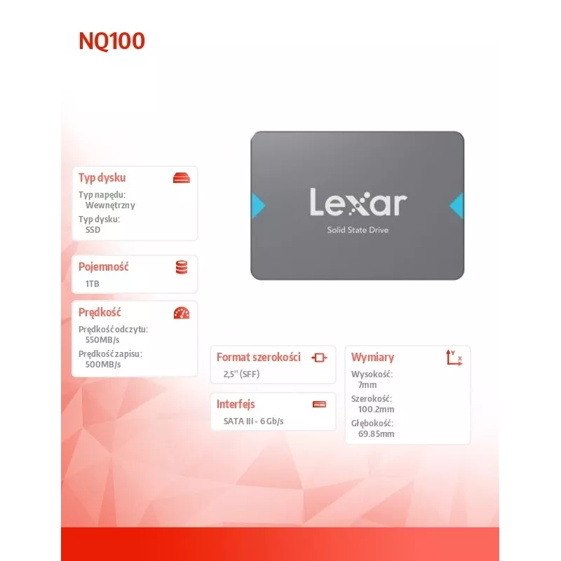 2.5-calowy dysk SSD SATA III Lexar NQ100 1 TB — odczyt 550 MB/s, transfer 6 Gbit/s