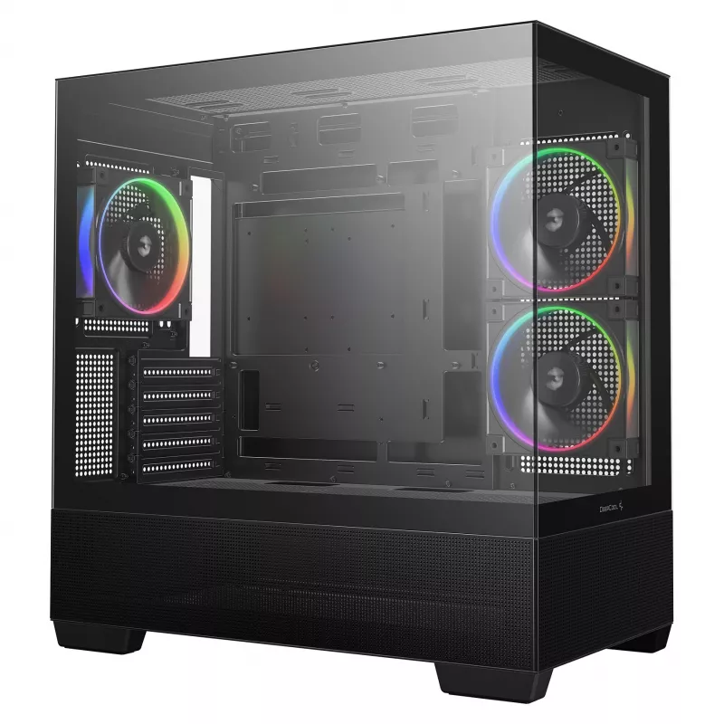 PC Midi Tower DeepCool CG380 3F — czarny, 235×437×451 mm, obsługuje wentylatory boczne 2x120 mm + tylny 1x120 mm, zasilacz na dole, dyski twarde 2,5 cala/3,5 cala
