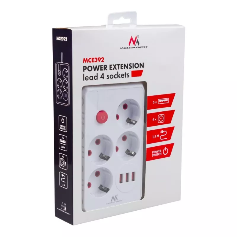 Listwa zasilająca MACLEAN MCE392 W — 4 gniazda F, 3×USB A, 110–240V, maks. 2.1A, 2500W, kabel 1,5 m, biała