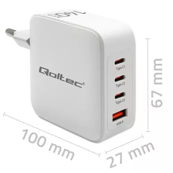 Ładowarka QOLTEC 51828 140W GaN 3×USB‑C PD + 1×USB‑A QC 3.0 – wieloportowa szybka ładowarka