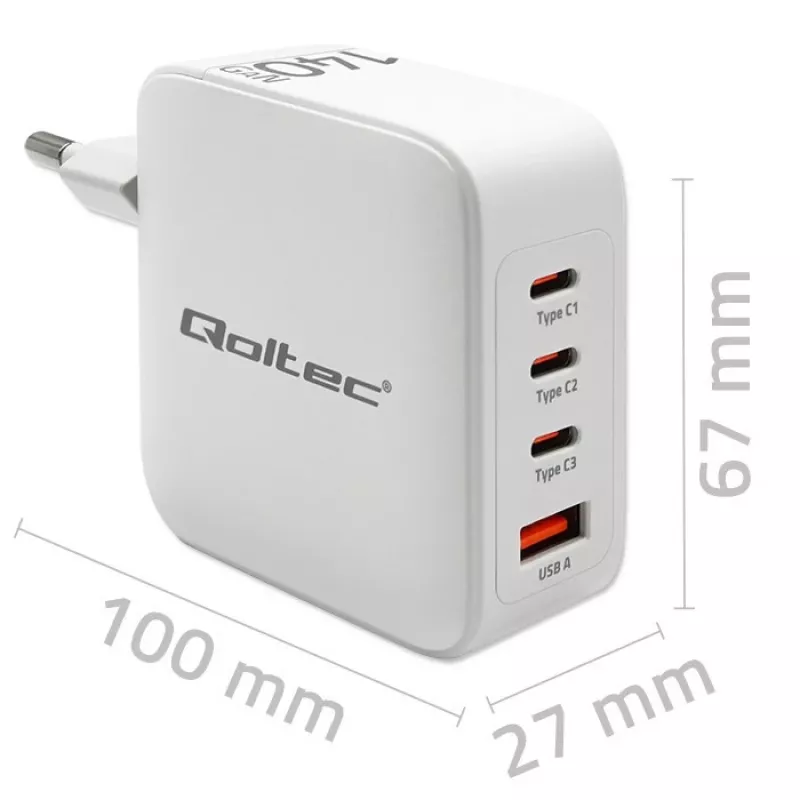 Ładowarka QOLTEC 51828 140W GaN 3×USB‑C PD + 1×USB‑A QC 3.0 – wieloportowa szybka ładowarka