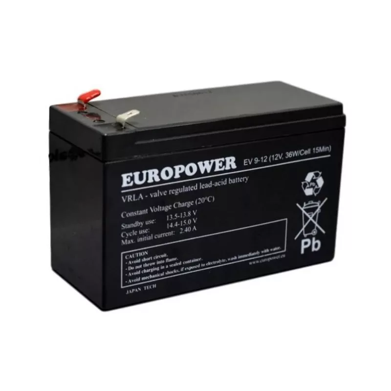 Akumulator kwasowo-ołowiowy szczelny europower EV 12-9 — 12 V 9 Ah do UPS i zasilania awaryjnego