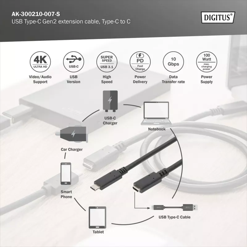 Przedłużacz USB Type-C Digitus AK-300210-007-S 0,7 m