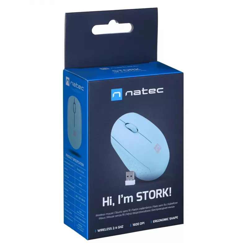 Bezprzewodowa mysz symetryczna NATEC STORK — Bluetooth + USB Type-A, 1600 DPI, 3 przyciski, jasnoniebieska