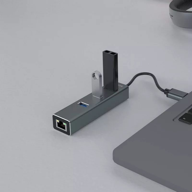 SAVIO USB-A hub z RJ-45 Gigabit Ethernet AK-57 — 3× USB-A + RJ-45, USB 3.2 Gen 1 Micro‑B host, 5 Gbit/s, 4 porty, szary