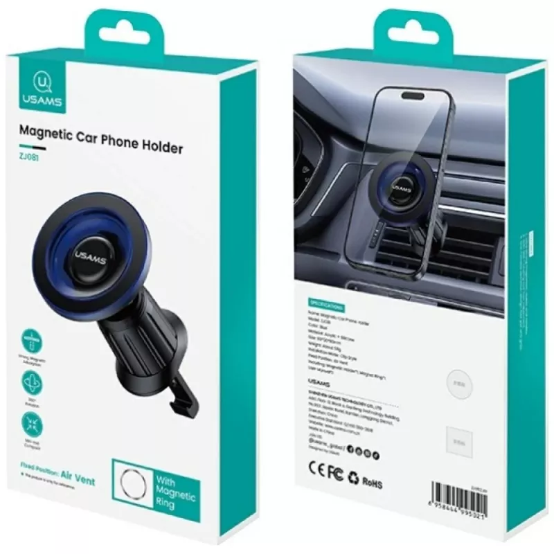 Magnetyczny uchwyt samochodowy na telefon usams ZJ081 — magnetyczny montaż do smartfonów, kompaktowa konstrukcja, łatwy montaż