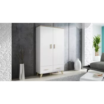 Szafa cama meble LOTTA 2D2D, 2 drzwi, rama dąb Sonoma z białymi frontami, 1100×550×1900 mm