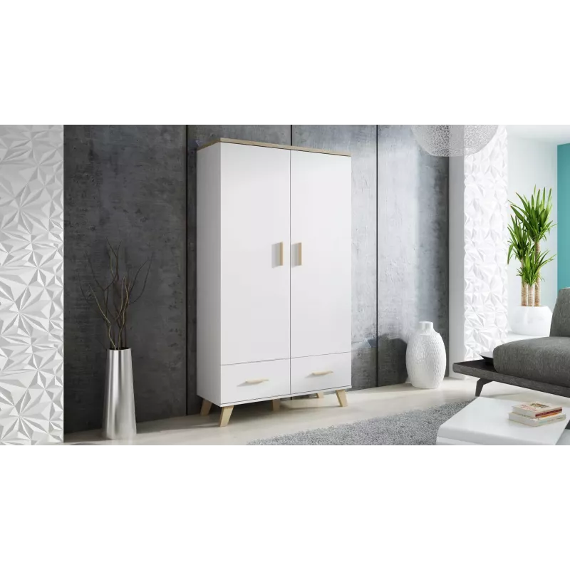 Szafa cama meble LOTTA 2D2D, 2 drzwi, rama dąb Sonoma z białymi frontami, 1100×550×1900 mm