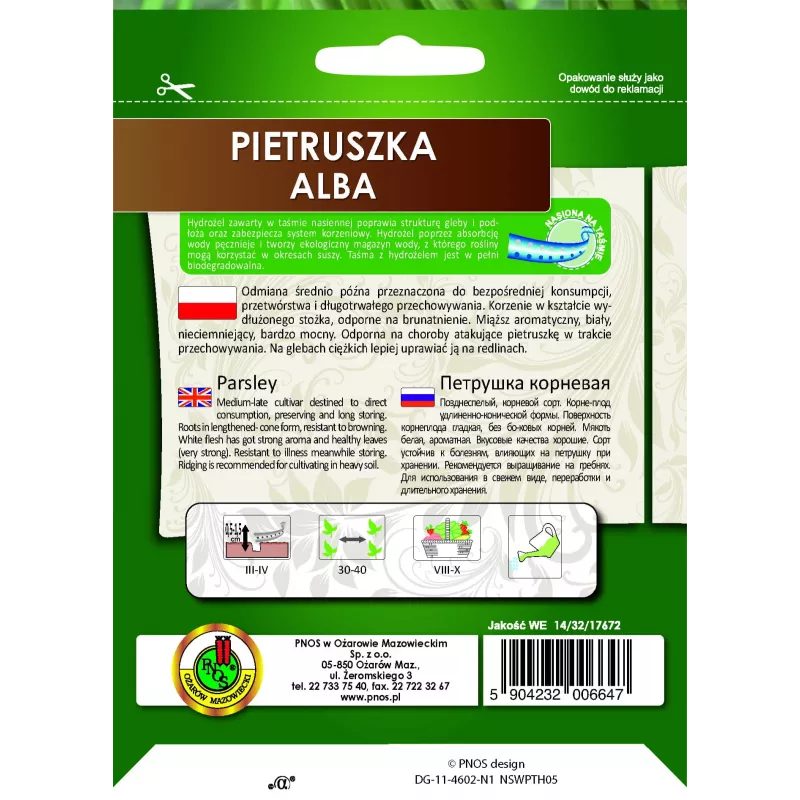 Taśma nasienna Apte Pietruszka Alba 6 m — średnio późna odmiana pietruszki do przetwórstwa