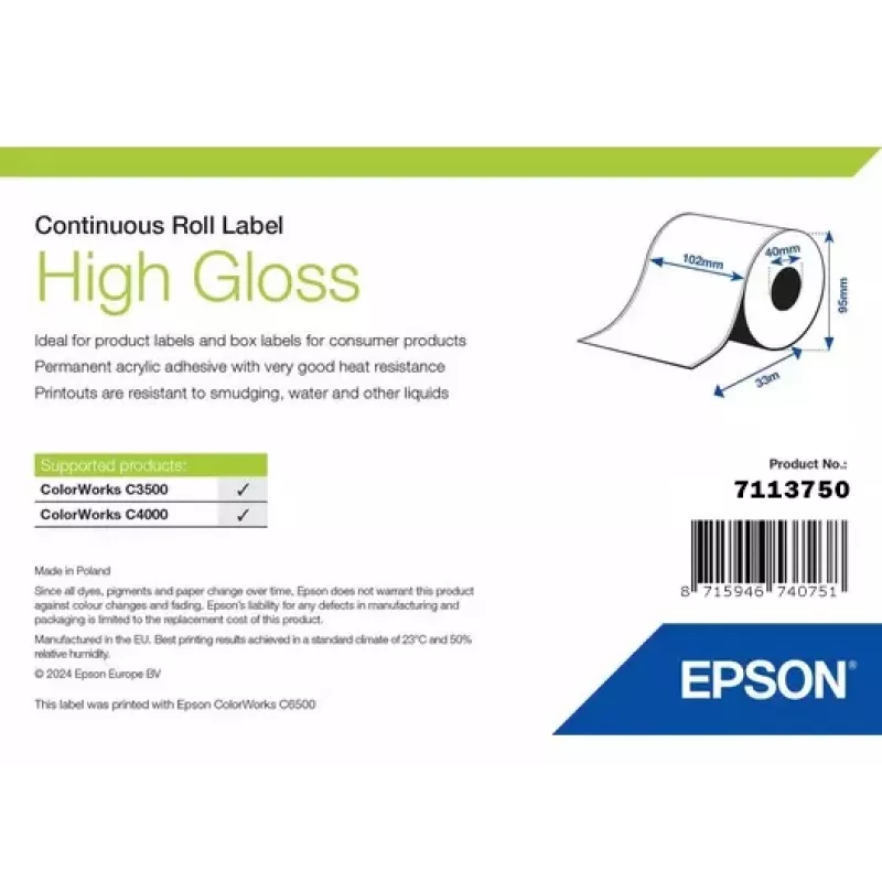 Rolka etykiet Epson 7113750 High Gloss, szerokość 102 mm x długość 33 000 mm