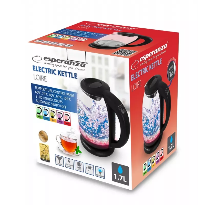 Czajnik elektryczny Esperanza EKK027 1,7 l 2200 W czarny, przezroczysty