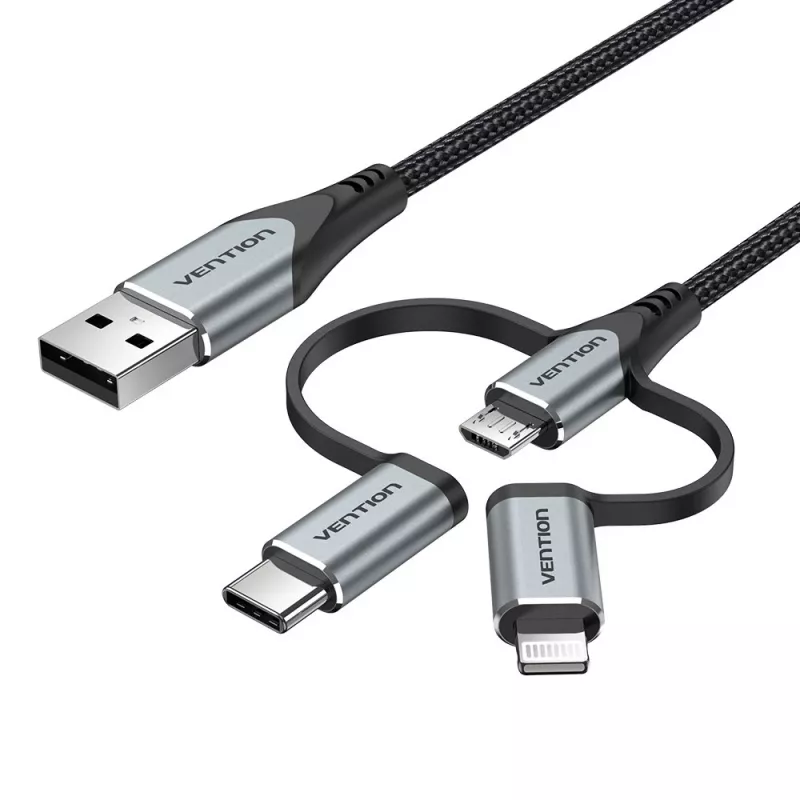 Kabel Vention USB 2.0 A męski do 3-w-1 Micro-B&USB-C&Lightning męski 1M szary stop aluminium typ
