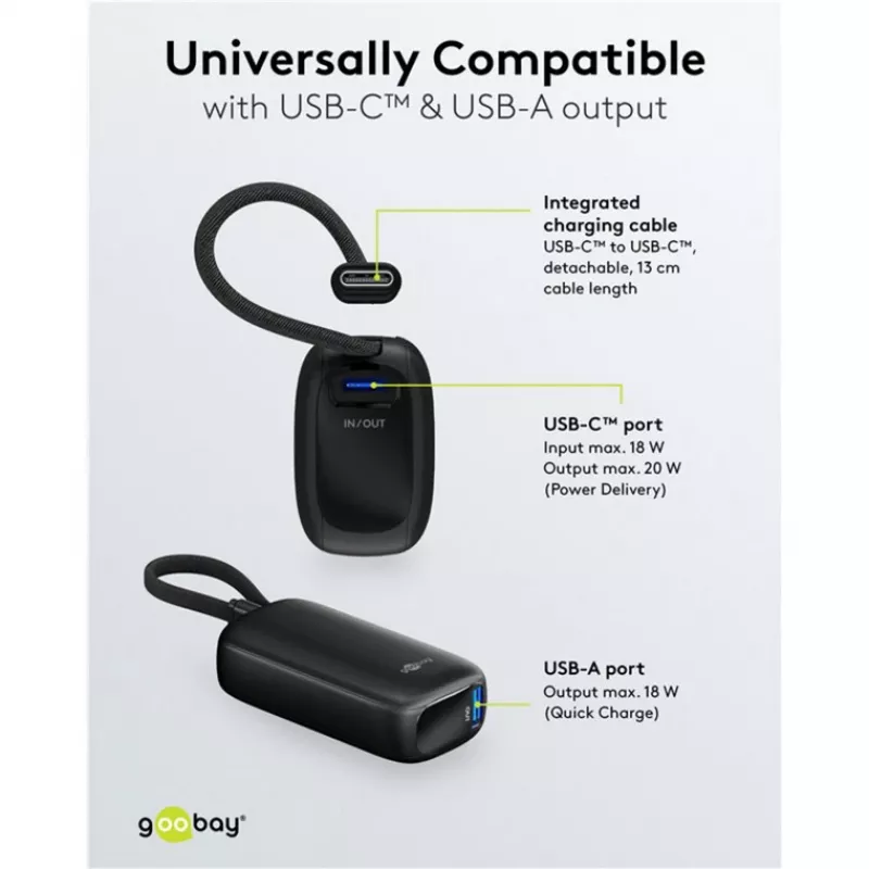 Powerbank 5.000 mAh, zintegrowany kabel USB-C 13 cm, 20 W (czarny, 5 Ah, 1x USB-A, 1x USB-C, PD, QC)