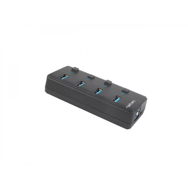 Hub USB NATEC MANTIS USB 2.0 Type-B — 4x porty USB 3.2 Gen 1 Type-A, czarny, kabel 0,8 m, zasilacz sieciowy, wyłącznik zasilania