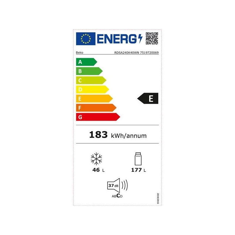 Lodówka BEKO RDSA240K40WN, Klasa energetyczna E, Wysokość 146,5 cm, Biała
