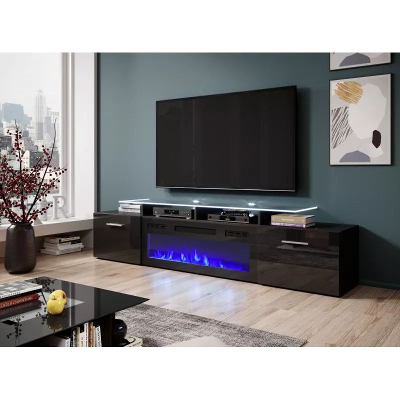 Szafka RTV Cama Meble ROVA z kominkiem elektrycznym, 190x37x48 cm, czarny/czarny połysk