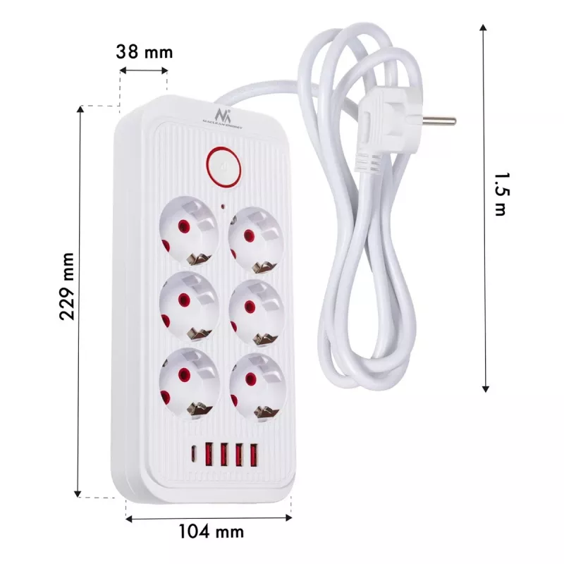 Listwa zasilająca MACLEAN MCE389 W — 6 gniazd, 4×USB-A, 1×USB-C, 2500 W, 110–240 V, przewód 1,5 m, biały