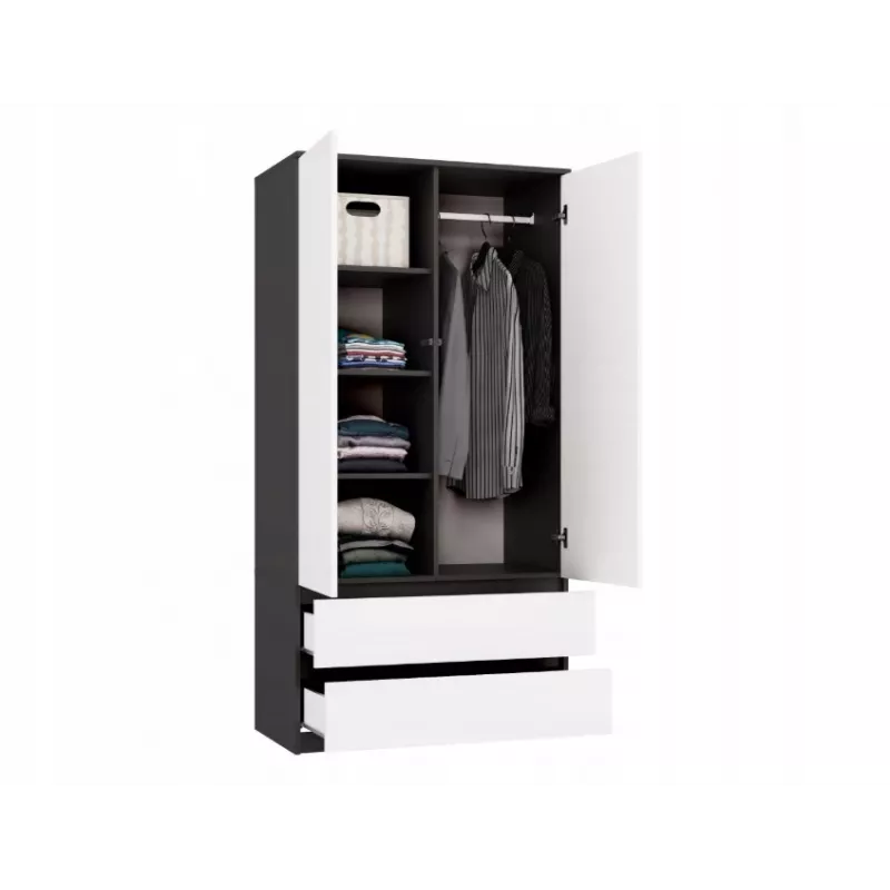 Szafa top e shop MALWA SS-90, 90×180×50 cm, rama antracytowa, białe drzwi uchylne, 2 szuflady, laminat 16 mm