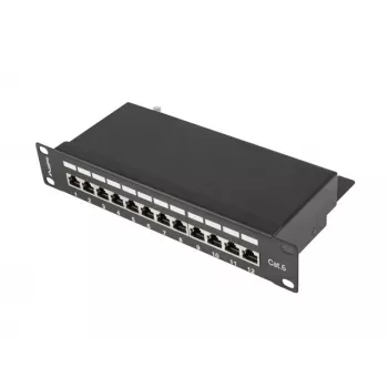 Patch panel LANBERG PPF6-9012-B — 12-portowe RJ45, metalowy, czarny, 1U (215×44,5×130 mm)