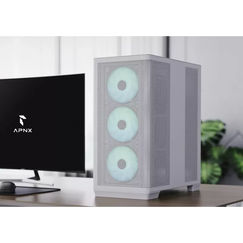 APNX PC Midi Tower C1-R-WT-v1 — Biały, obsługuje ATX/Micro-ATX/Mini-ITX, zainstalowane 3 wentylatory przednie 120 mm, 3 zatoki 3,5 cala + 3 zatoki 2,5 cala, 2x USB 3.2 Gen1