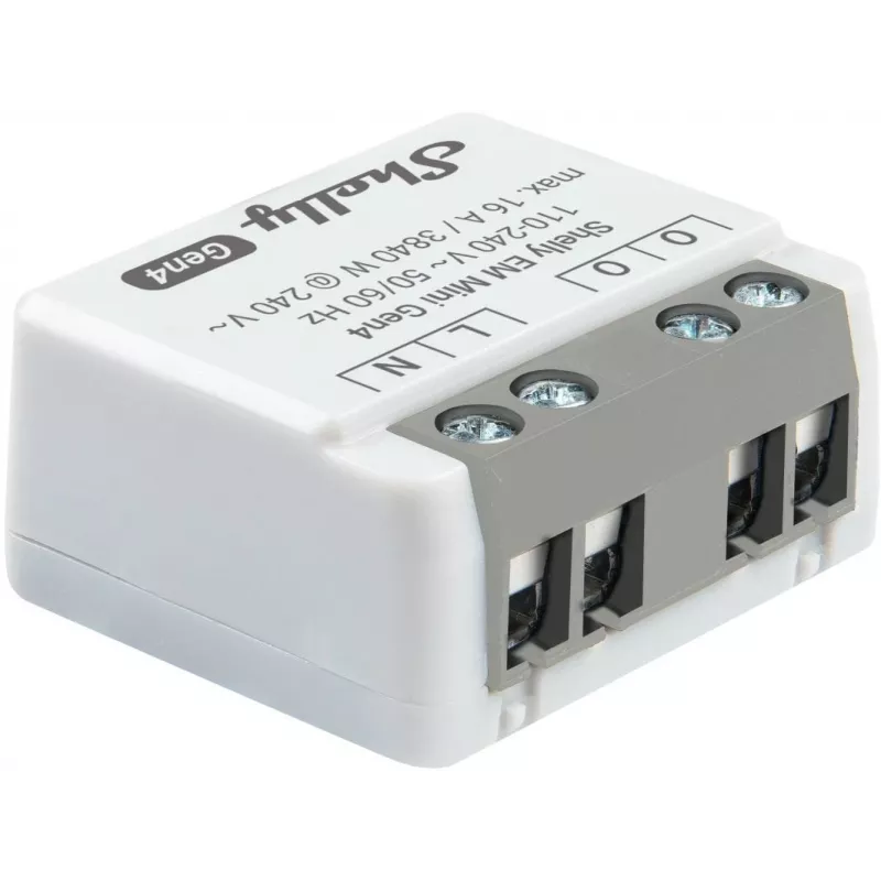 Inteligentny przekaźnik Shelly Relay EM Mini Gen4 1-kanałowy Wi‑Fi Matter Zigbee Bluetooth 8A, 110–240V, miernik energii