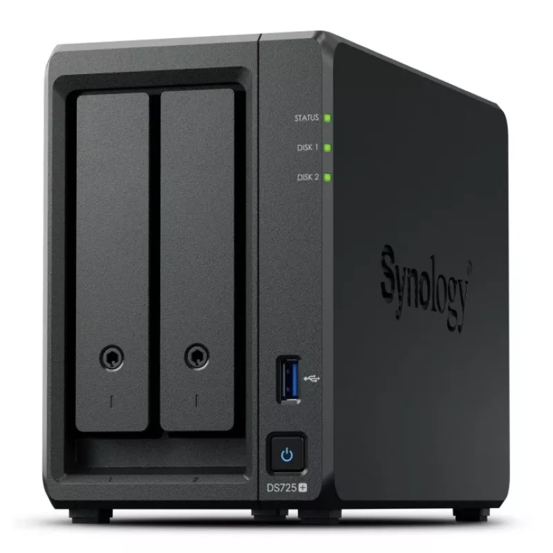 NAS Synology DiskStation DS725+ 2-zatokowy Ryzen R1600 4GB DDR4 ECC, 2.5GbE, 2x M.2, obsługa RAID, 0TB, Czarny