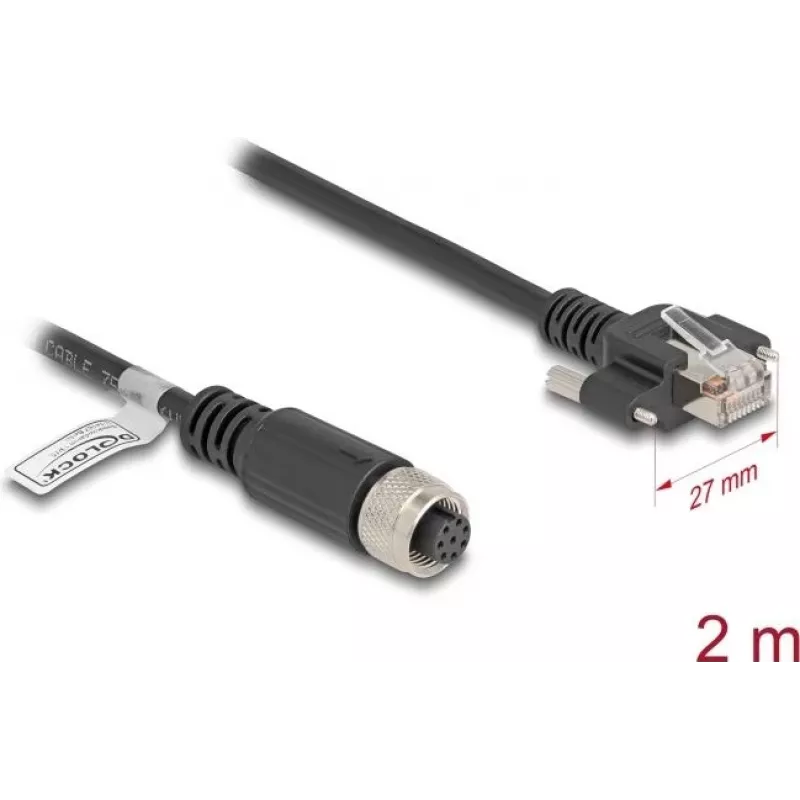 Kabel sieciowy DeLOCK M12 Kabel A-kodowany 8-pinowy żeński do wtyku RJ45 Kat.5e 2 m czarny