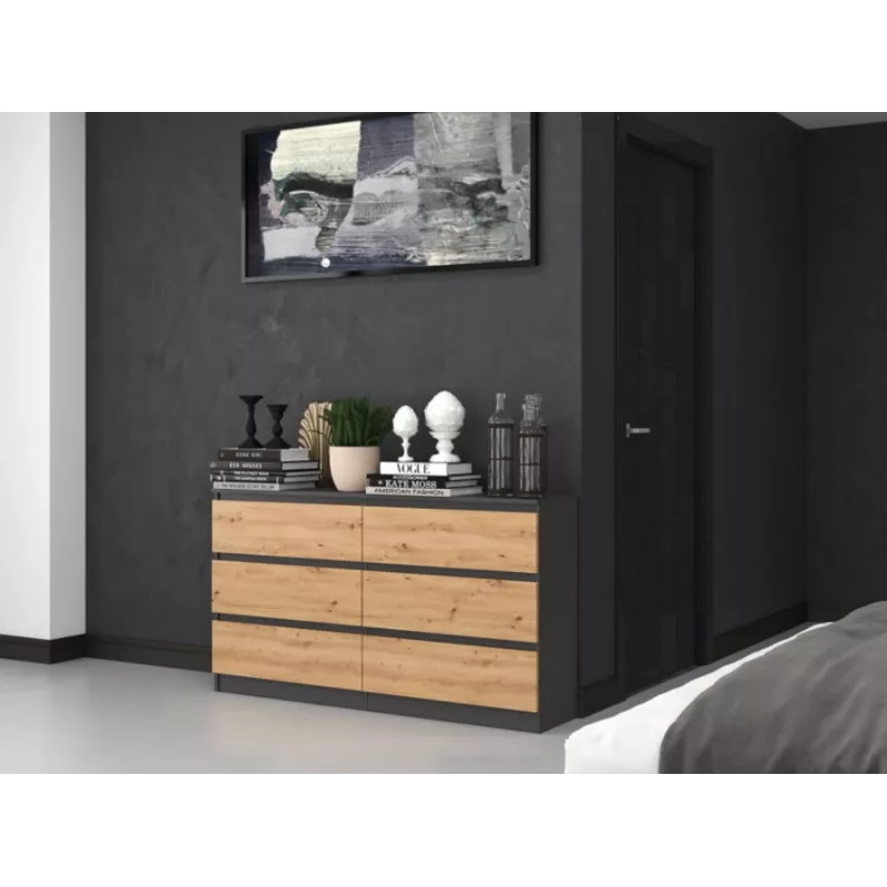 Komoda Top e Shop M6 140 ANT/ART, 6 szuflad, Antracyt Dąb, 1380×750×400 mm