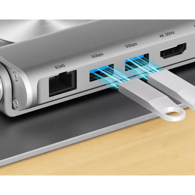 Stojak na laptopa Unitek D1109B01 — aluminiowy regulowany stojak z odłączanym modułem USB‑C HDMI 4K PD 100W, 2x USB‑A, RJ‑45, do 17 cali