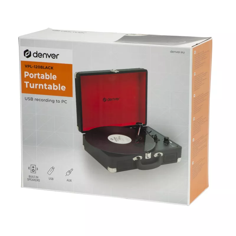 Denver VPL-120Czarny gramofon USB z napędem paskowym i wbudowanymi głośnikami