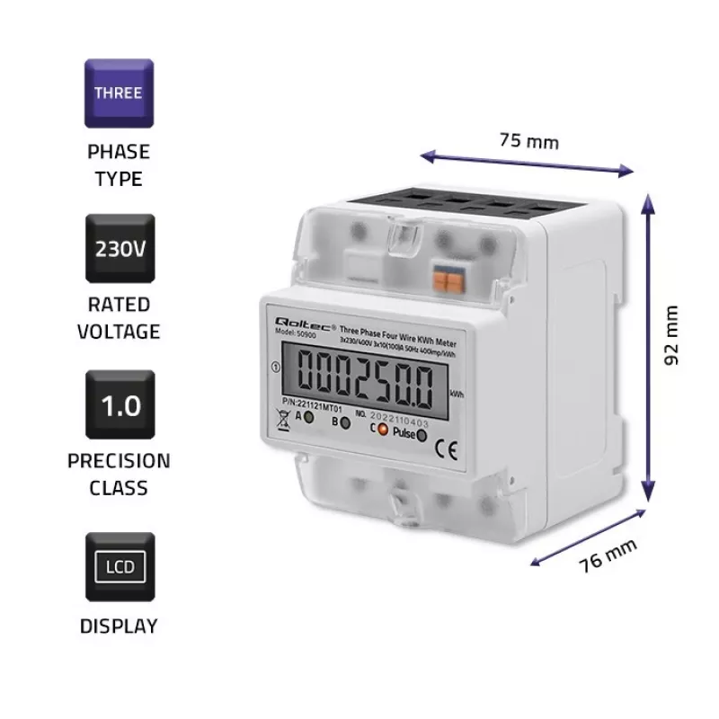 Trójfazowy elektroniczny licznik energii QOLTEC 50900 400V LCD 4P