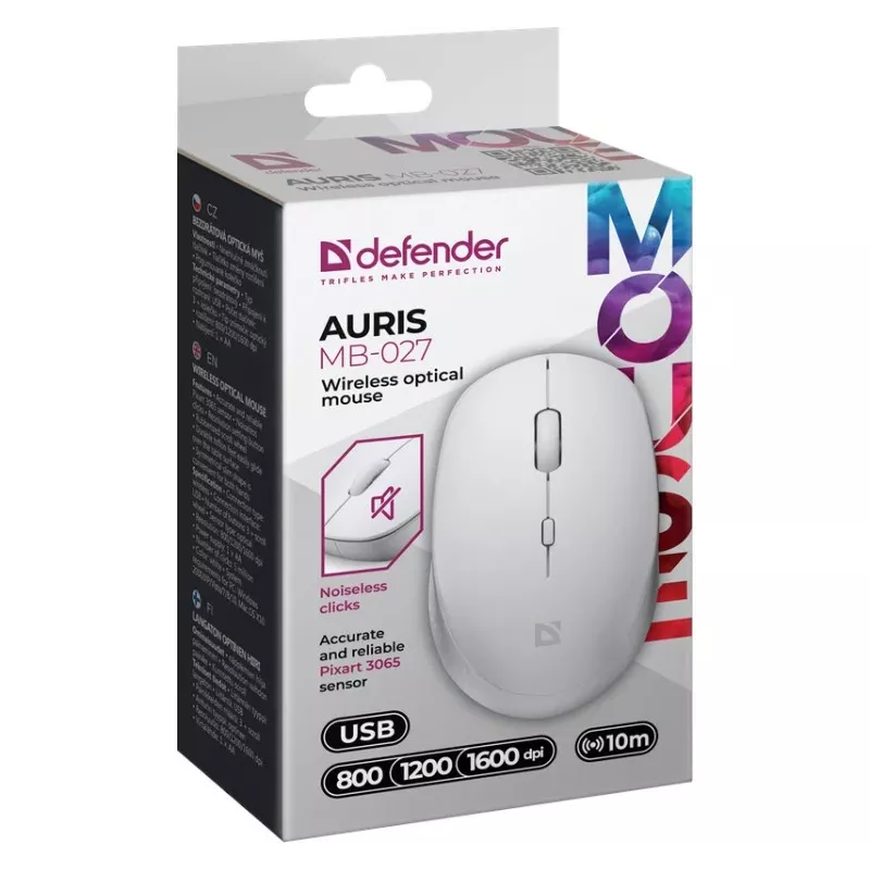 Bezprzewodowa mysz cichy klik AURIS MB-027 800/1200/1600 DPI biała