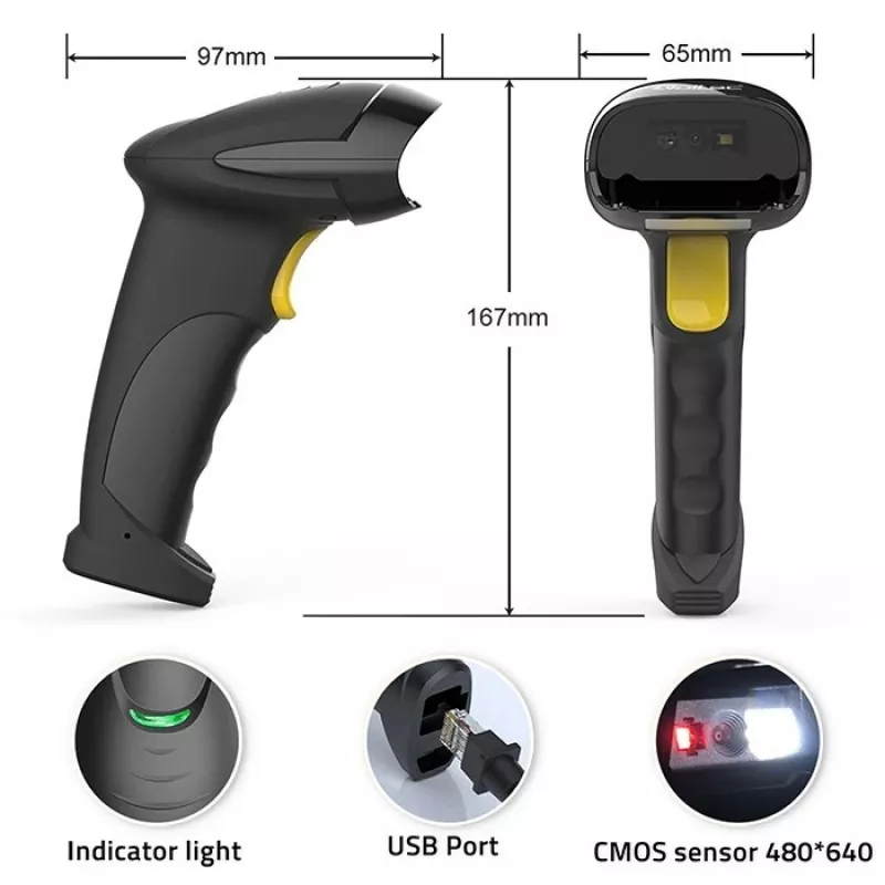 Przewodowy ręczny skaner kodów kreskowych 1D/2D QOLTEC 50853 — USB, obudowa ABS, kabel 1,65 m, 97×65×167 mm, 105 g