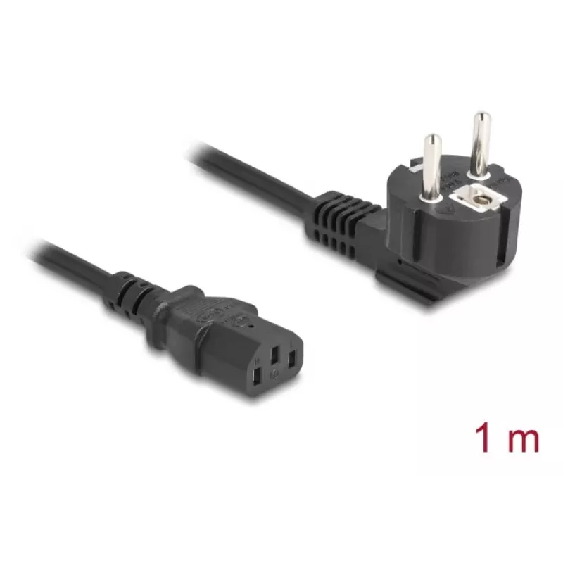 Kabel zasilający DELOCK CEE 7/7 (E+F) do IEC C13 90° kątowa wtyczka, 1 m, H05VV-F 3x1,00 mm², czarny