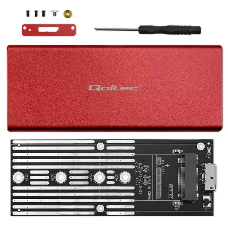 Obudowa SSD QOLTEC 51831 USB 3.0 dla dysków M.2 SATA do 2 TB, czerwona, obsługa długości 30 mm, do 4 dysków