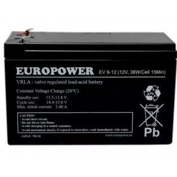 Akumulator kwasowo-ołowiowy szczelny europower EV 12-9 — 12 V 9 Ah do UPS i zasilania awaryjnego