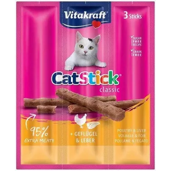 Przysmak dla kota Vitakraft CatStick Mini z wątróbką drobiową — mięsne, stałe przekąski, 3 szt., 18 g, bezzbożowe