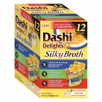 Mokra karma dla kota INABA Dashi Delights Silky Broth Chicken mix, 12 × 40 g saszetek, pełnoporcjowa karma dla dorosłych kotów