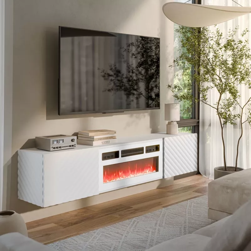 Cama szafka RTV LARA 183x35x37 biały matowy + biały mantelpiece