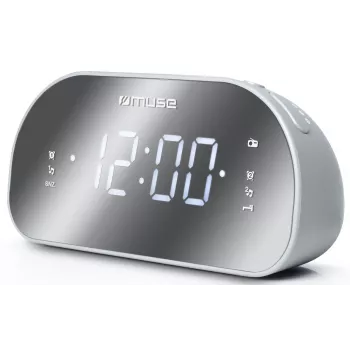 Zegar radiowy Muse M-170CMR — cyfrowy zegar radiowy, wyświetlacz LED 1,2 cala, FM, AC 230V, zapasowe AAA, lustro/biały