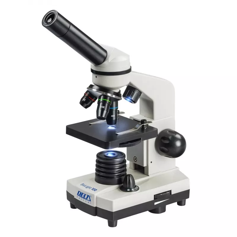 Mikroskop optyczny złożony Deltaoptical DO-3210 — monokularowy, 3 obiektywy achromatyczne, oświetlenie LED, 40–400×, głowica nachylana pod kątem 45° i obrotowa