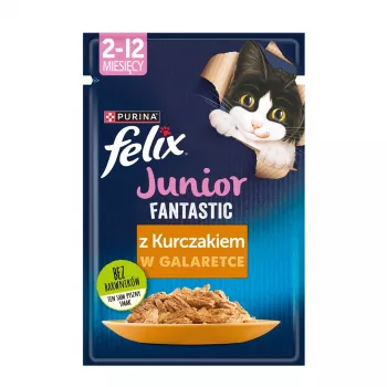 Mokra karma dla kotów Purina Nestlé Felix Fantastic Junior 85 g saszetka — kurczak, 77,5% wilgotności, 13,5% białka