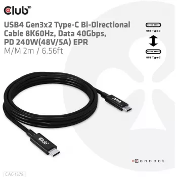 CLUB3D USB4 Gen3x2 Type-C dwukierunkowy kabel 8K60Hz, Dane 40Gbps, PD 240W(48V/5A) EPR M/M 2m / 6.56ft