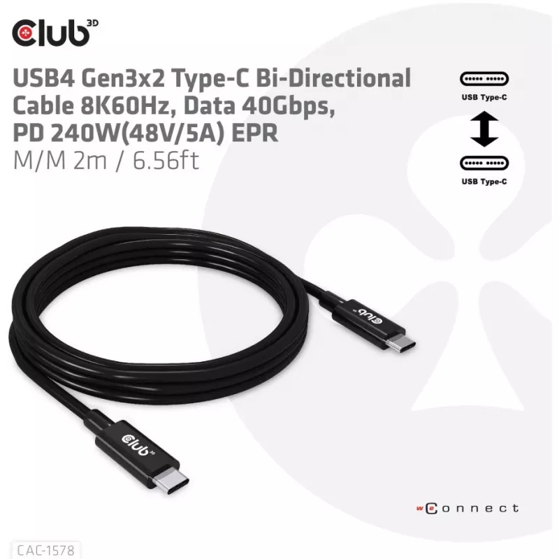 CLUB3D USB4 Gen3x2 Type-C dwukierunkowy kabel 8K60Hz, Dane 40Gbps, PD 240W(48V/5A) EPR M/M 2m / 6.56ft