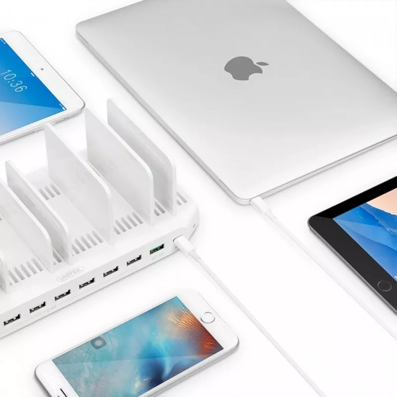 Stacja ładująca Unitek Y-2190A — 10× portów USB (8×USB2.0 + 2×USB3.2 Gen1), ładowanie bezprzewodowe, łącznie 96W