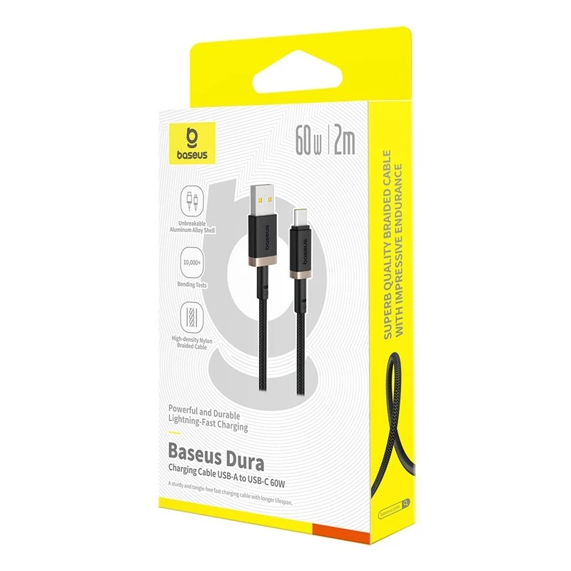 Baseus Dura USB Typ A na Typ C 60 W szybki kabel do ładowania 2 m Czarny, Złoty