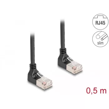 Kabel sieciowy DeLOCK RJ45 Cat.6A S/FTP cienki 90° w górę 0,5 m czarny