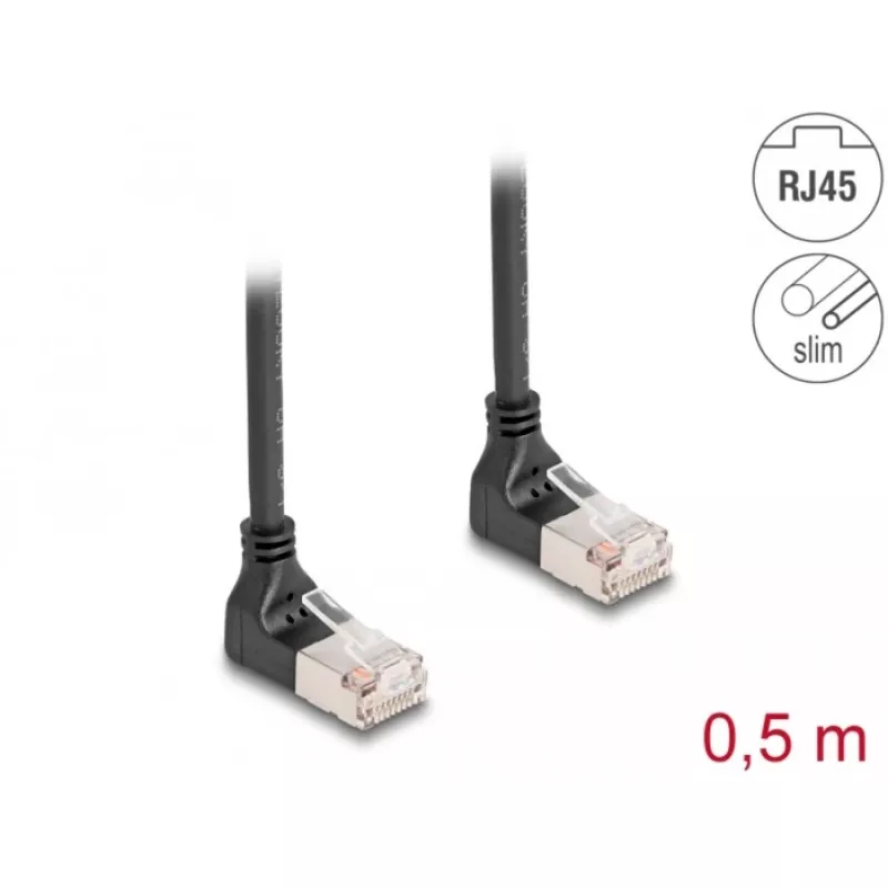 Kabel sieciowy DeLOCK RJ45 Cat.6A S/FTP cienki 90° w górę 0,5 m czarny